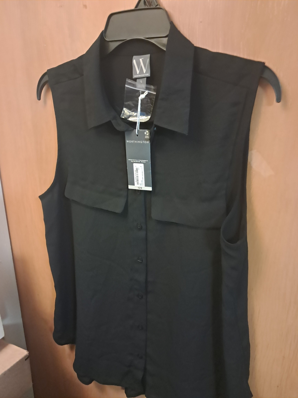 Worthington Black Sleeveless Button-Up Collared Blouse